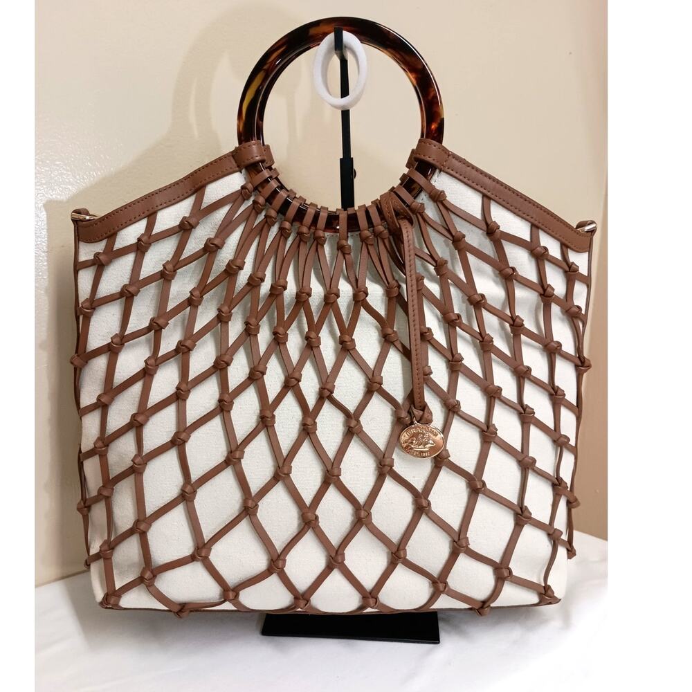 Brahmin Resort-Style Leather Net Canvas Tote – Bamboo Handle (Rare)